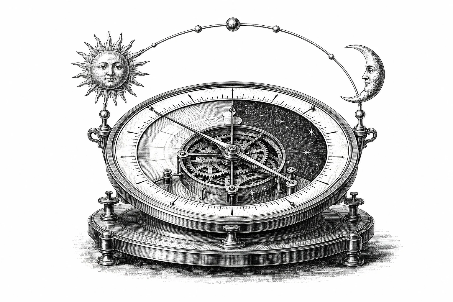 Engraving of an astronomical clock with sun and moon marking day and night